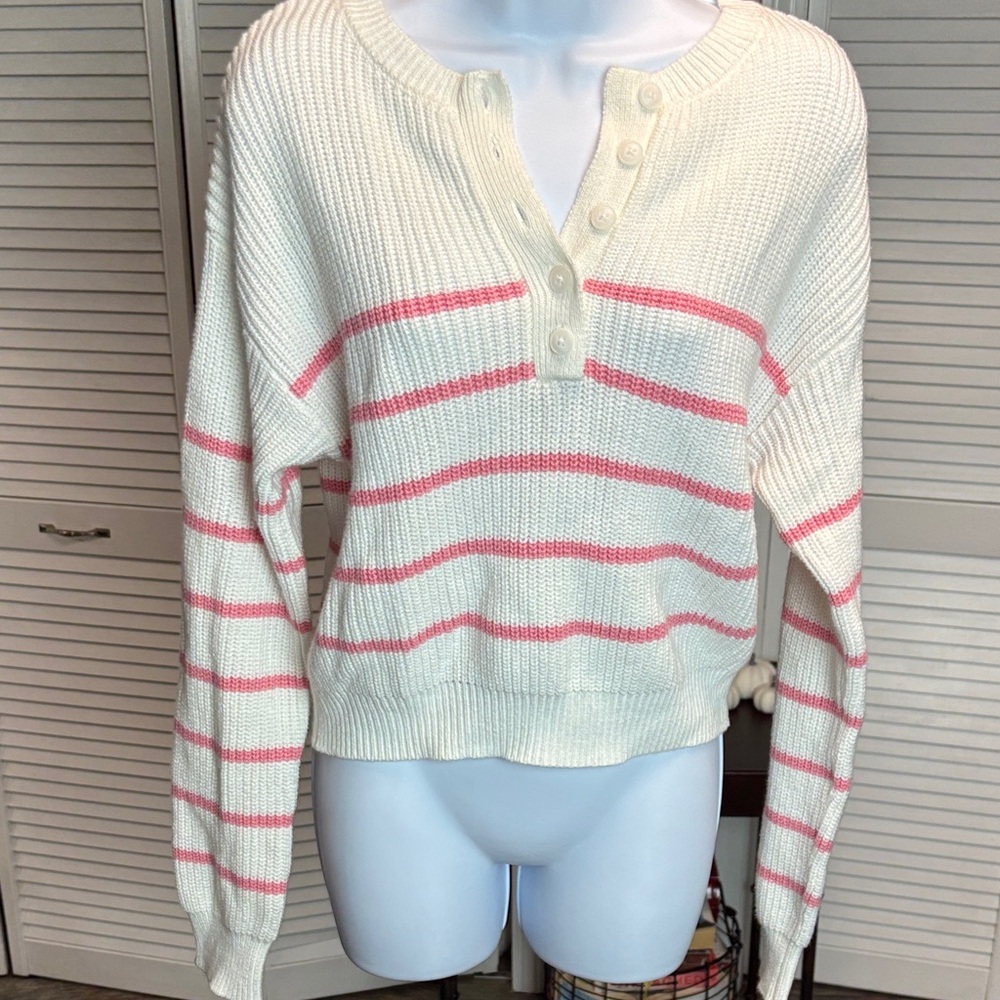 Women's White and Pink Striped Sweater